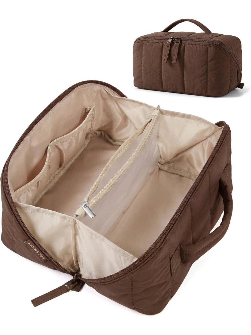 Puffy Travel Makeup Bag for Women, Open Flat Design, Stylish Coffee Color